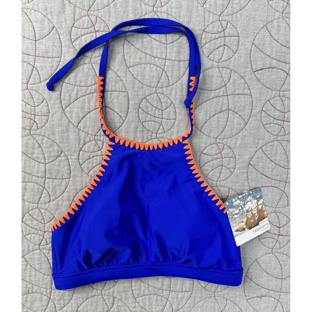 SEEKERS US 6 Blue Orange Embroidered Halter Bikini Top Swim Padded Removable